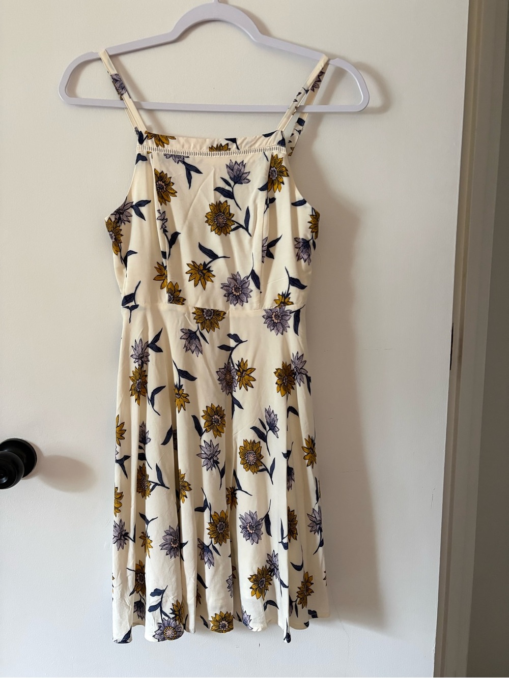 Cream Floral Sundress with Navy & Mustard Accents XS